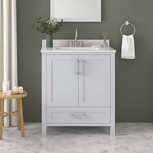Home Decorators Collection Moorside 30 in. W x 19 in. D x 34 in. H Single Sink Bath Vanity in Dove Gray with White Engineered Stone Top