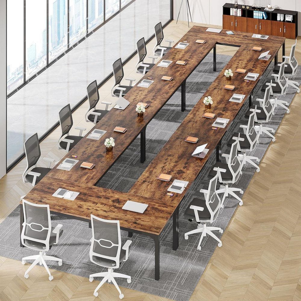 Moroni 78.7 in. Rustic Brown & Black Wood Computer Desk, Rectangular Conference Table Seminar Table for 6-8 People, 8PCS