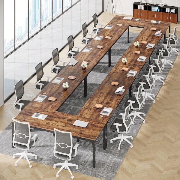 Moroni 78.7 in. Rustic Brown & Black Wood Computer Desk, Rectangular Conference Table Seminar Table for 6-8 People, 8PCS