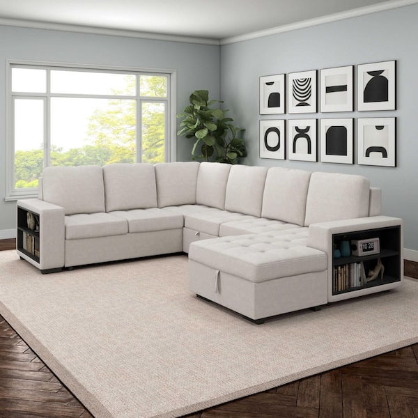Abbey 128 in. Biscuit Tufted L-Shaped Fabric Sectional Sofa in. Beige with Storage and USB Charger