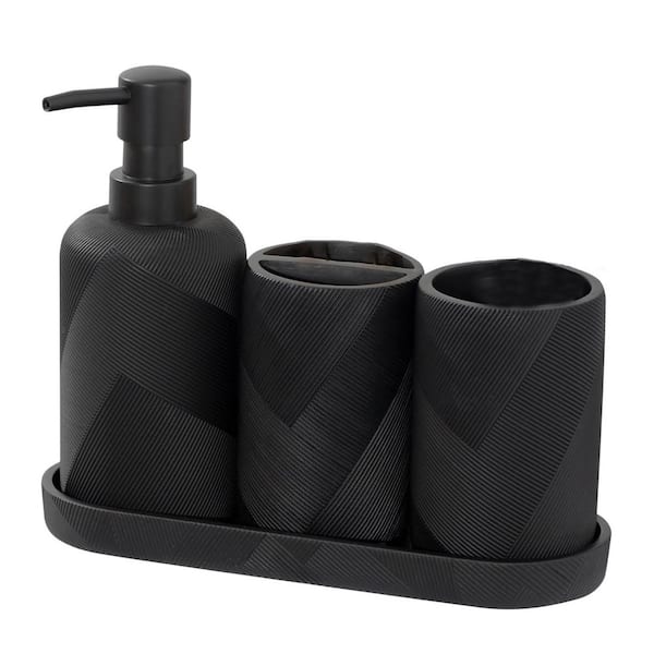 4 Piece Resin Sink Accessory Set Bathroom Organizer Countertop Soap Dispenser Toothbrush Holder Vanity Tray Matte Black