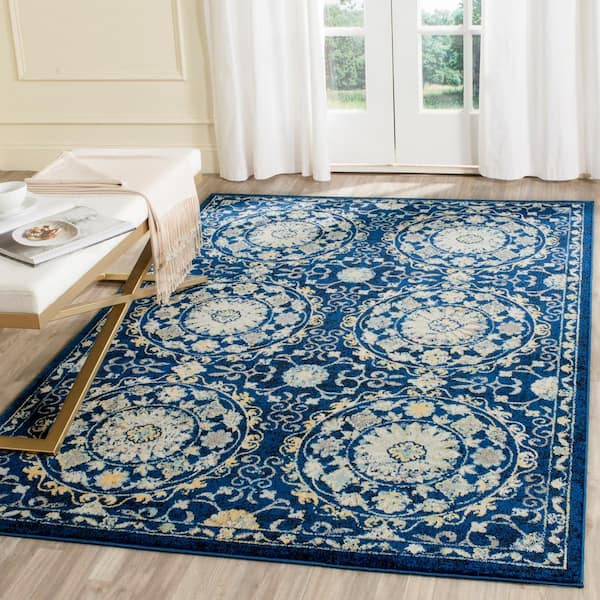 Evoke Navy/Ivory Doormat 3 ft. x 5 ft. Floral Border Circles Area Rug