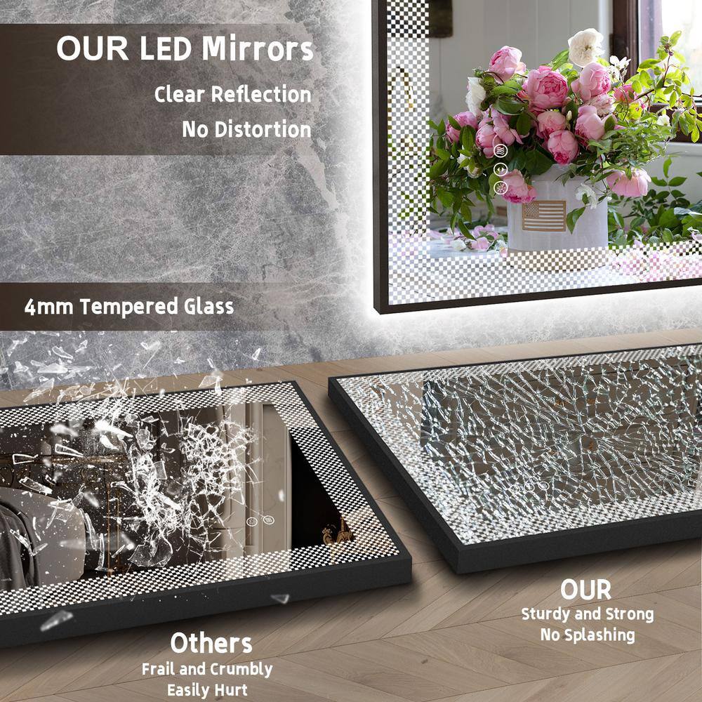 40x32 Black Framed LED Vanity Mirror with Anti-Fog Tempered Glass