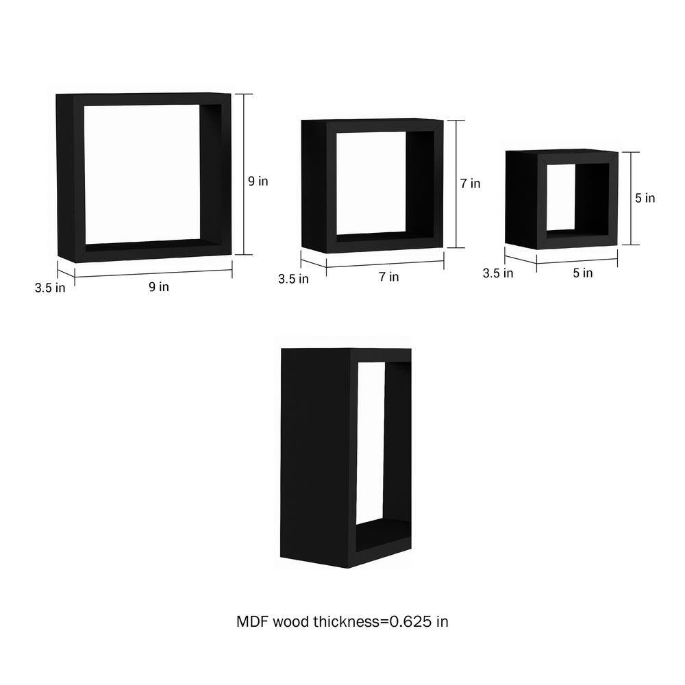 Black Wood Floating Cube Wall Shelf Set with Hidden Brackets