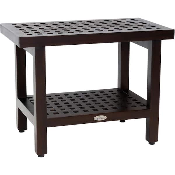 24 in. x 14 in. Grate Mocha-Shield Freestanding Teak Shower Bench with Shelf