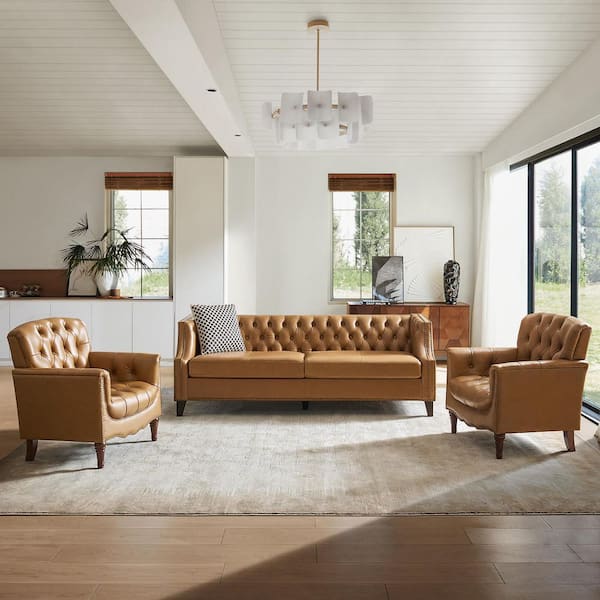 Daniel 3-Piece Camel Genuine Leather Living Room Set with Sofa and Accent Chair