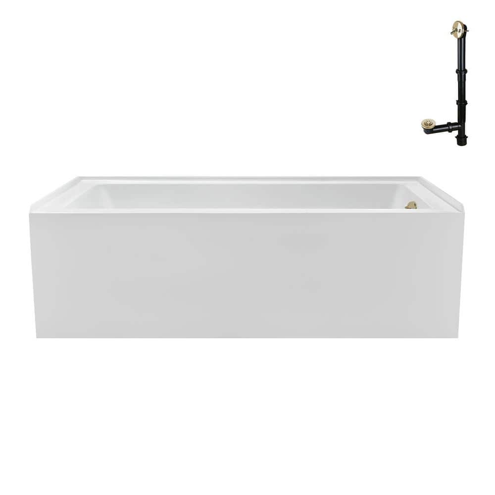 60-Inch Glossy White Acrylic Alcove Bathtub with Polished Brass Drain