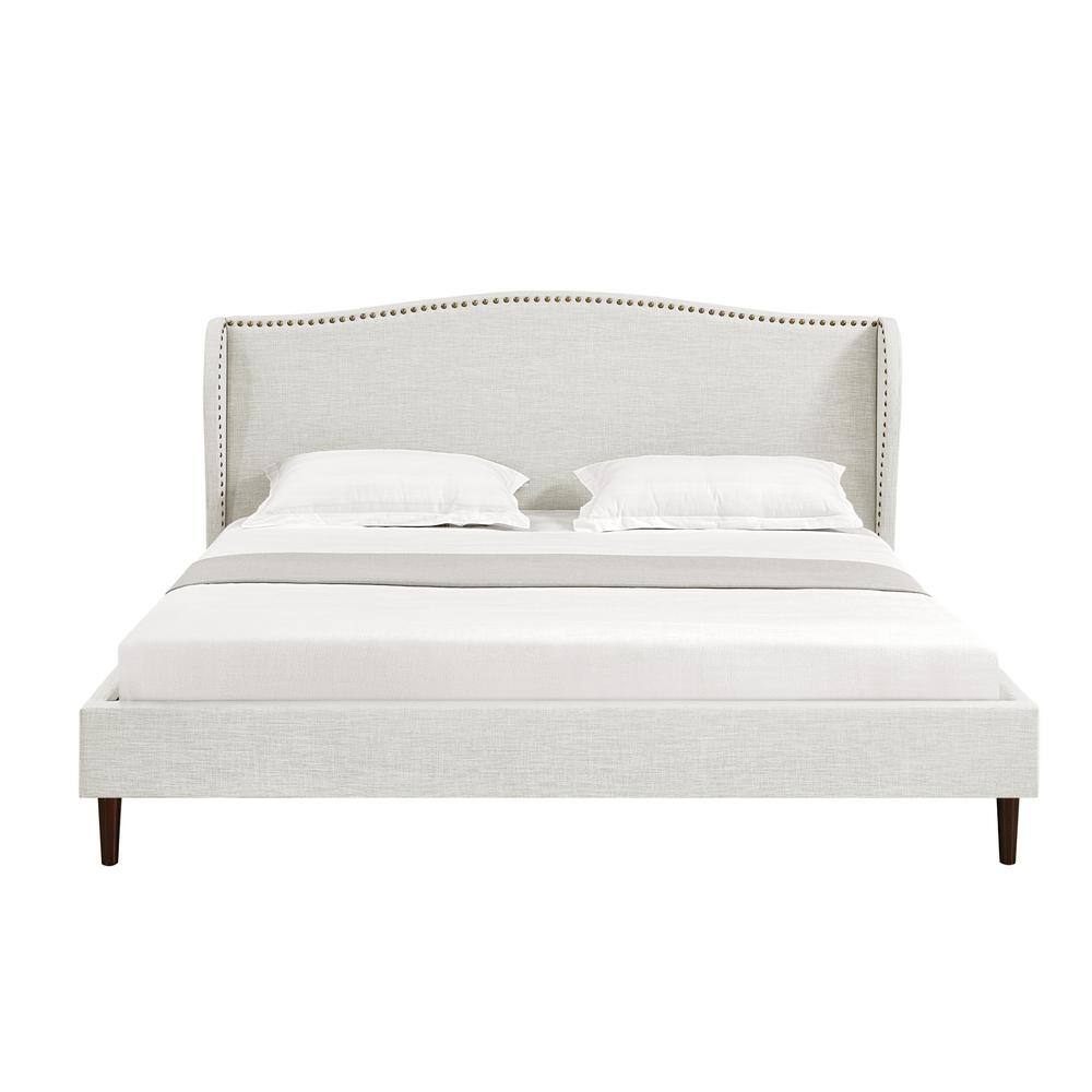 Rustic Manor Knight Cream White Wood Frame Queen Size Platform Bed With Nailhead Trim RBD478