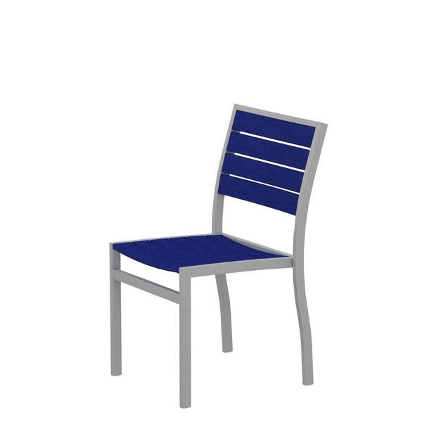 POLYWOOD Euro Textured Silver Metal Outdoor Patio Dining Side Chair with Pacific Blue Slats