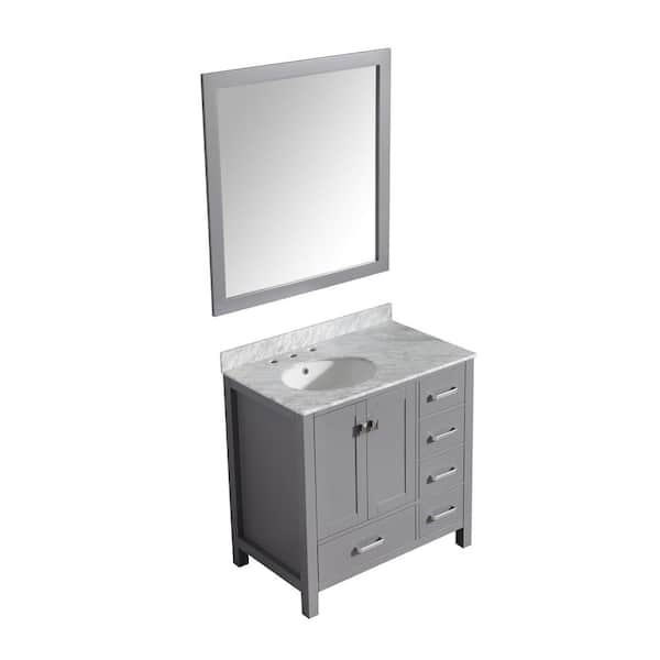 ANZZI Chateau 36 in. W x 22 in. D Vanity in Gray with Marble Vanity Top in Carrara White with White Basin and Mirror