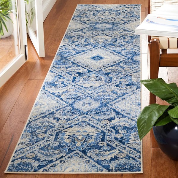 Brentwood 2 ft. x 9 ft. Blue/Ivory Geometric Ornate Runner Rug