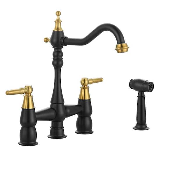 Deck Mounted 4-Hole Double Handle Bridge Kitchen Faucet Solid Brass with Side Sprayer in Black and Gold