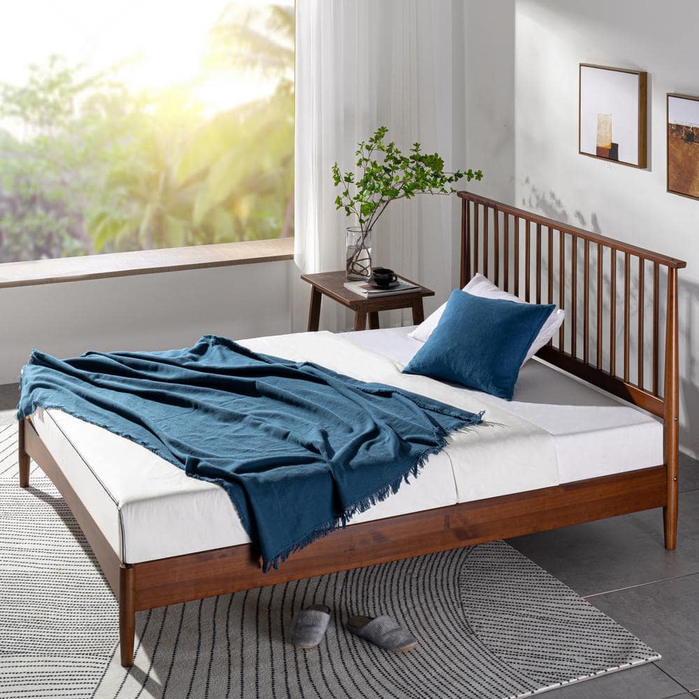 Elegant Mid-Century King Platform Bed with Wood Spindle Headboard