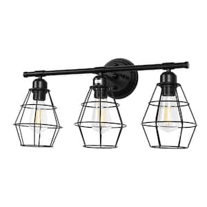 22 in. 3-Light Black Modern Industrial Bathroom Vanity Light with Metal Unique Cage Shade for Mirror