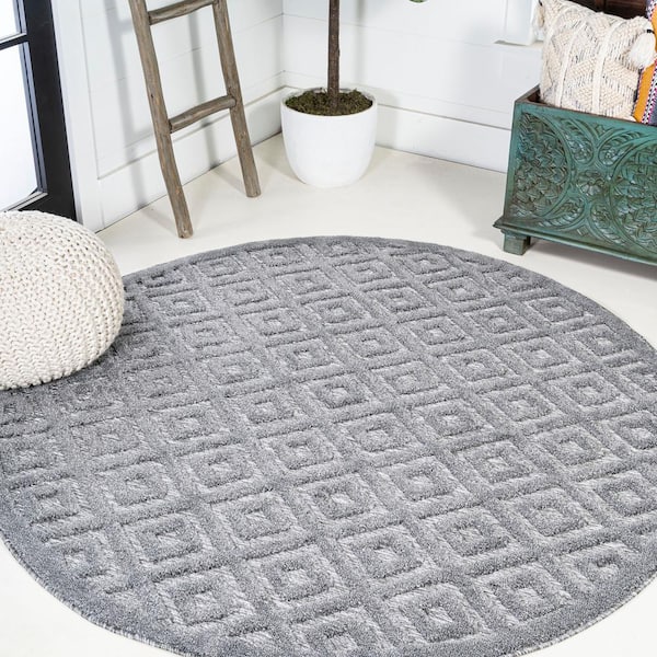 Portmany Neutral Dark Gray 5 ft. Diamond Trellis Indoor/Outdoor Round Area Rug