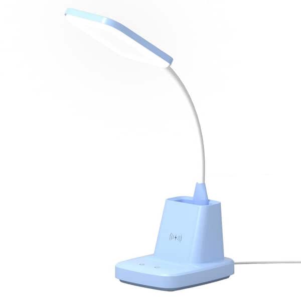 Ahfiwaso 21.8 in. Matte Blue Dimmable LED Gooseneck Lamp and Pen Holder with Wirless Charger Max 10-Watt