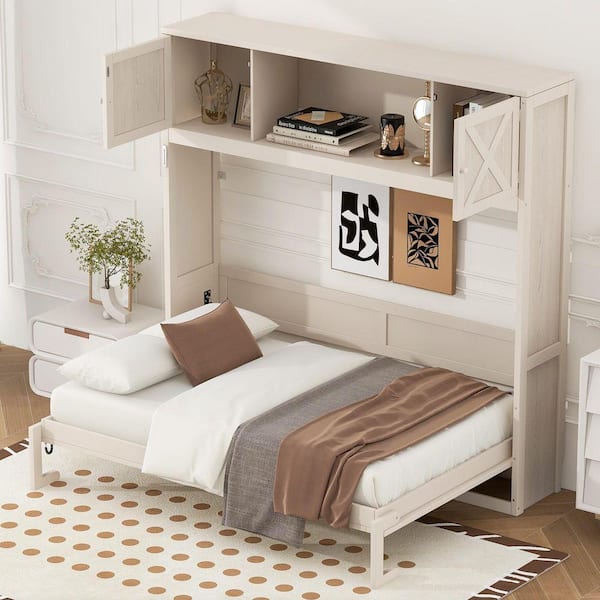 Beige Wood Frame Full Murphy Bed with Storage Cabinets