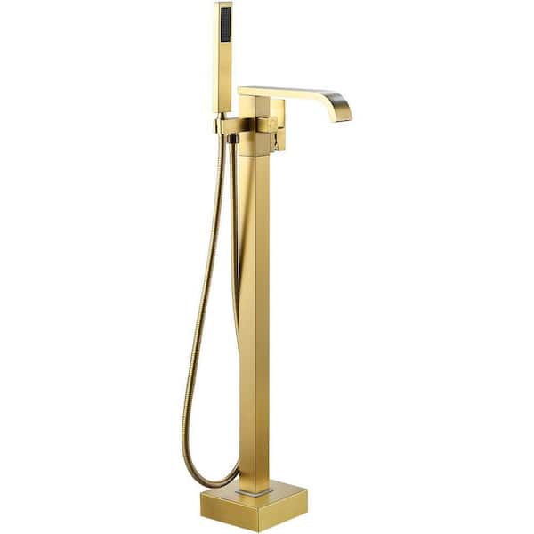 Single-Handle Freestanding Floor Mount Roman Tub Faucet Bathtub Filler with Hand Shower in. Brushed Gold