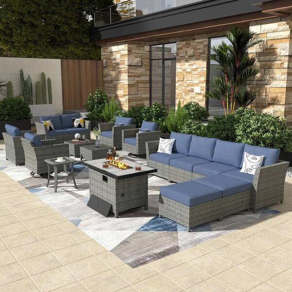 OVIOS Bexley Gray 16-Piece Wicker Rectangle Fire Pit Patio Conversation Set with Denim Blue Cushions and Swivel Chairs