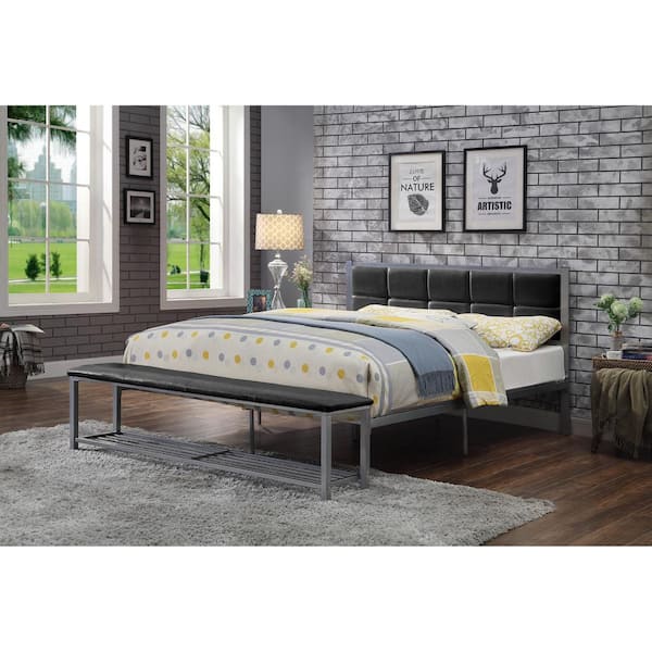 Furniture Of America Karina Black And Silver Queen Metal Platform Bed With Attached Bench Idf 7076bk Q The Home Depot