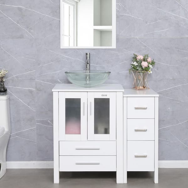 36 in. W x 20 in. D x 32 in. H 1-Sink Bath Vanity in White with Clear Glass Top and Mirror Chrome Faucet Drain