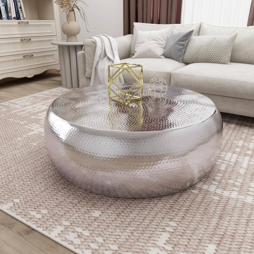 Elegant Hammered Silver Aluminum Round Coffee Table - 49"