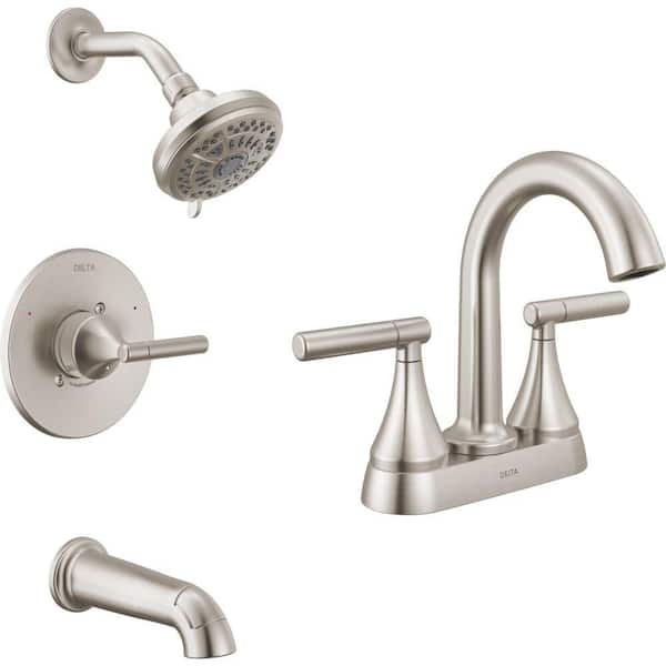 Foundations Design Series Modern 4 in. Centerset 2-Handle Bathroom Faucet Bundle Tub/Shower in Brushed Nickel