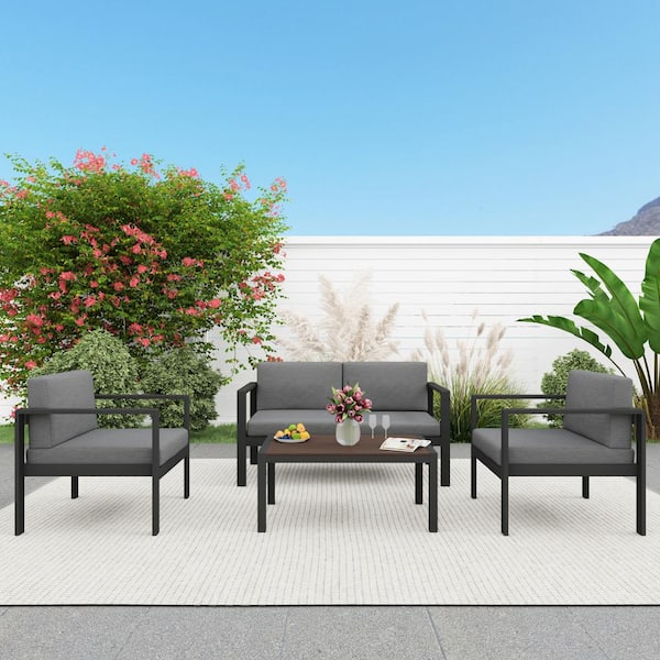 Tenleaf 4-Piece Black Metal Patio Conversation Set with Gray Cushions