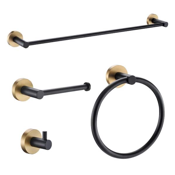4-Piece Matte Black and Satin Brass Bathroom Accessories Set w/ Towel Bar Towel Hook Toilet Paper Holder and Towel Ring