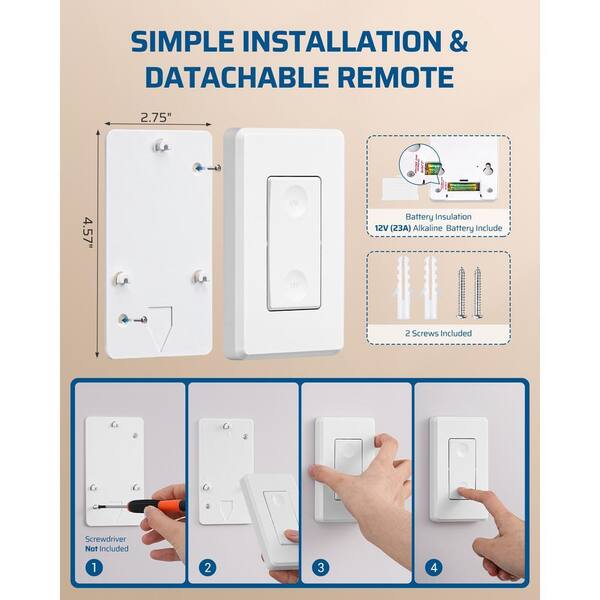 3-Way Wireless Light Switch & Receiver Kit – 15A, Decorator Rocker, 200FT RF Range, No In-Wall Wiring, Expandable, Programmable 15A Relay Switch