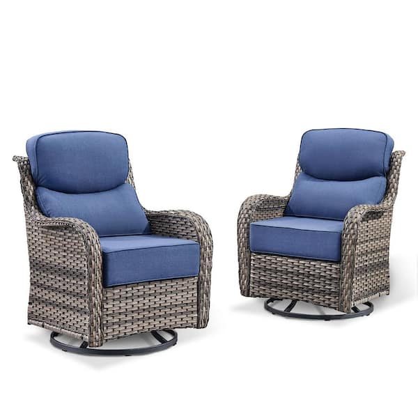 NovaSwivel 7-Piece Gray Wicker Patio Conversation Set Outdoor Fire Pit with 6 in. Blue Cushions and Swivel Gliders