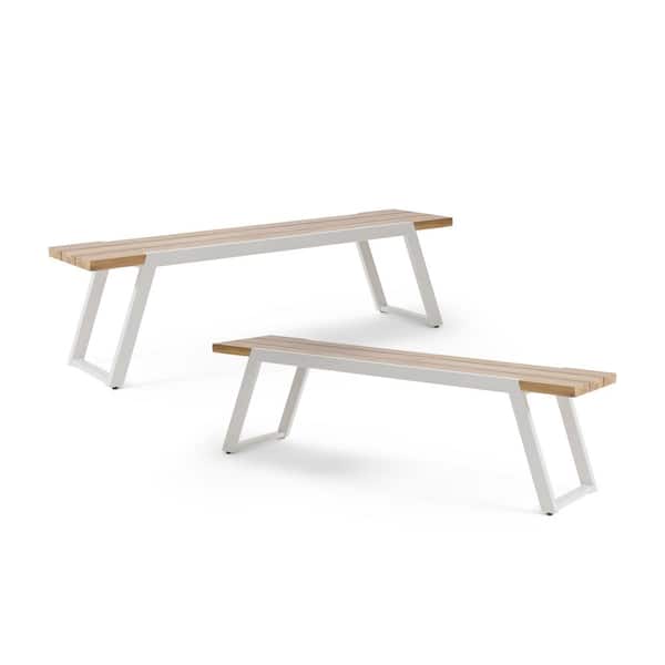 Zeus & Ruta 2-Person Brown Acacia Wood and Metal Outdoor Patio Bench for Garden, Backyard, Balcony and Poolside (2-Pack)