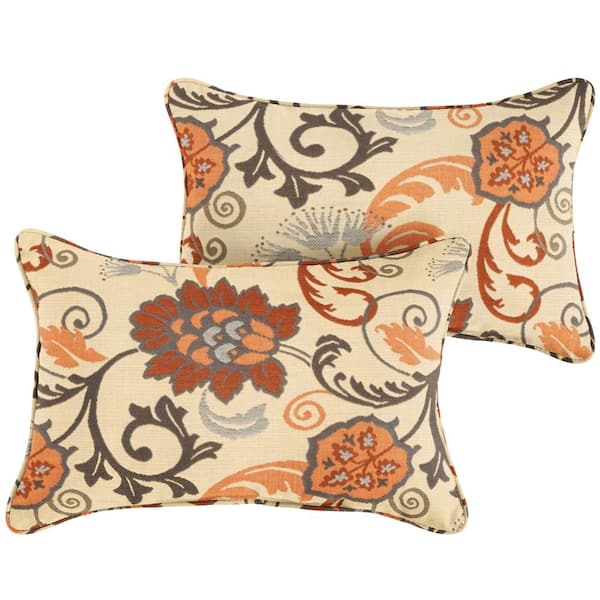 SORRA HOME Sunbrella Beige Floral Rectangular Outdoor Corded Lumbar Pillows (2-Pack)