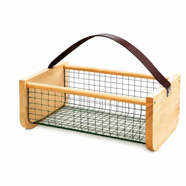 16 x 10 x 7in Solid Wood and Wire Mesh Garden Harvest Basket with Leather Handle, Natural Picnic Basket