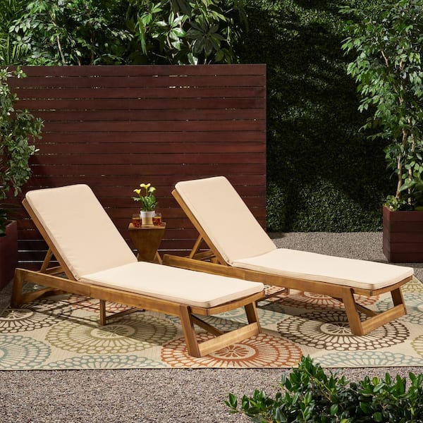 Noble House Maki Teak Brown 2-Piece Wood Outdoor Patio Chaise Lounge with Cream Cushions