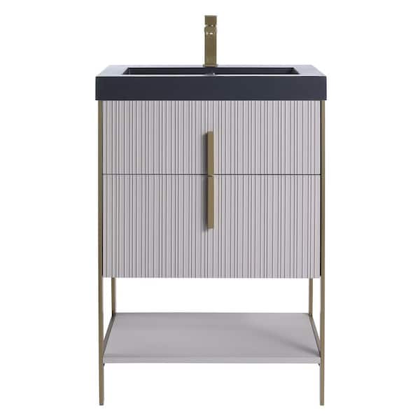 FINE FIXTURES 24 in. W x 18 in. D x 33.5 in. H Bath Vanity in Taupe with Gel Coated Acrylic Top in Black with Satin Brass Hardware