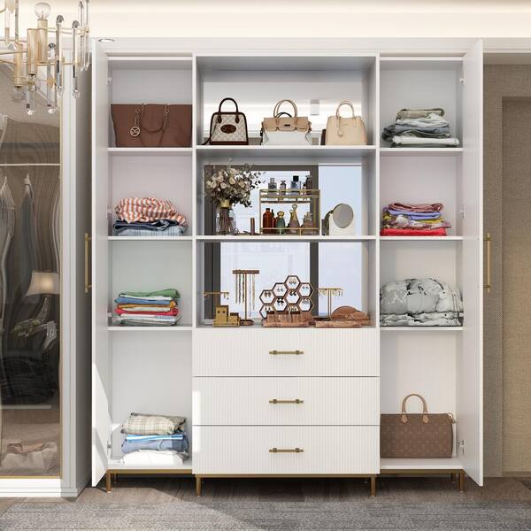 White 74.8 in. H Storage Cabinet, Bookcase with 2-Large Doors, 3-Drawers  and 3-Open Shelves with Mirror Back (11-Shelf)