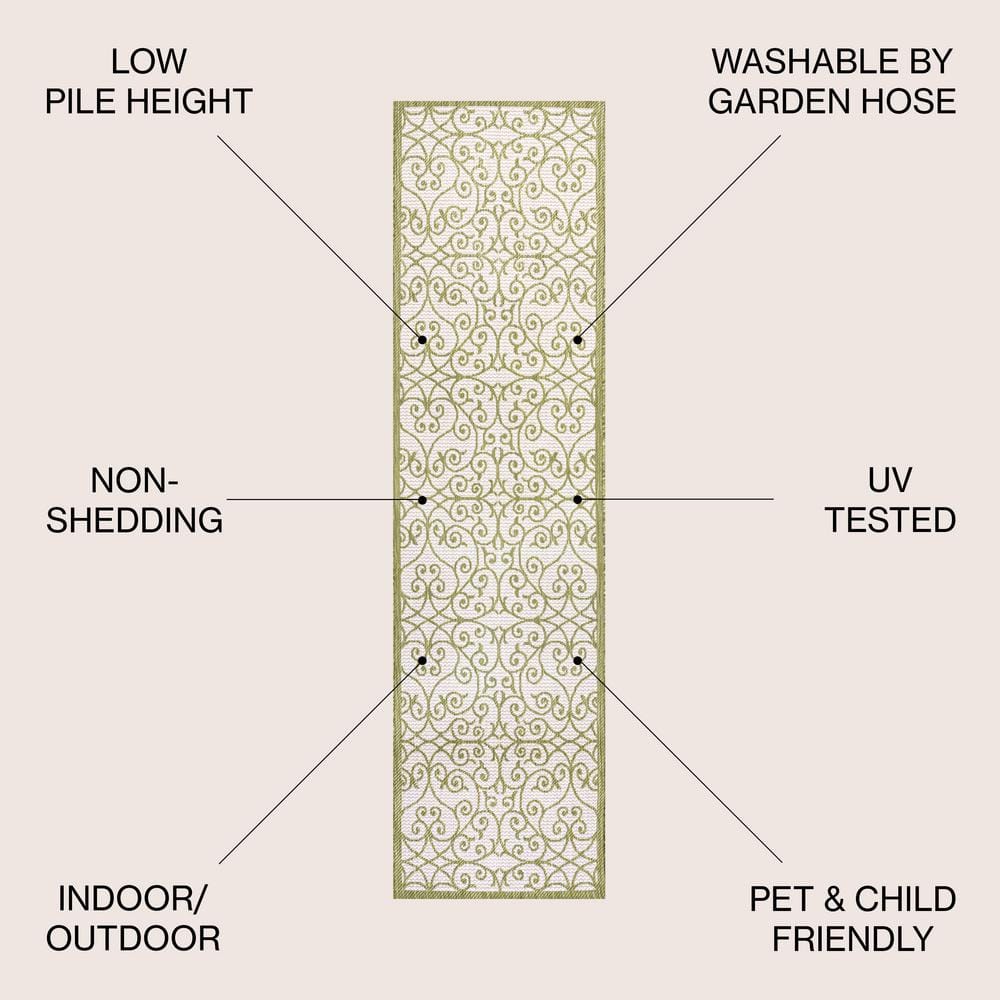 Boho-Chic Green/Cream Spanish Filigree Synthetic Indoor/Outdoor Rug