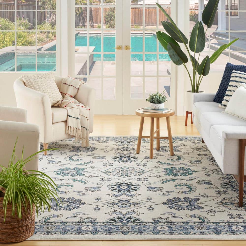 Ivory Blue 10' x 14' Synthetic Rectangular Rug
