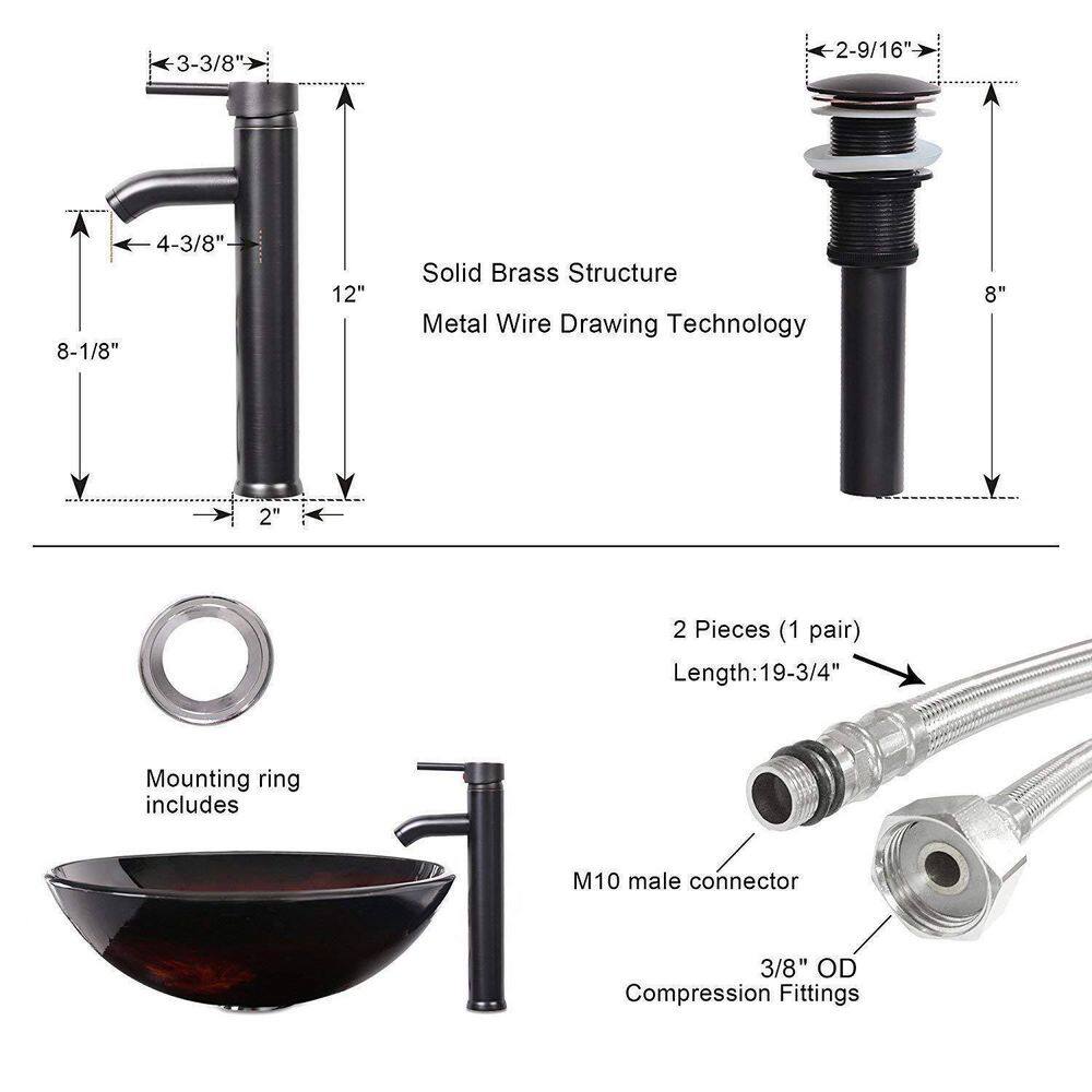 16.5" Brown Tempered Glass Round Vessel Sink with Faucet