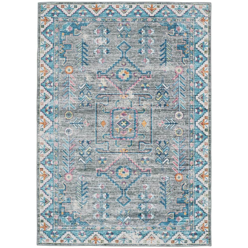 Washable Aztek Grey/Green 2 ft. x 3 ft. Rectangle Abstract Area Rug