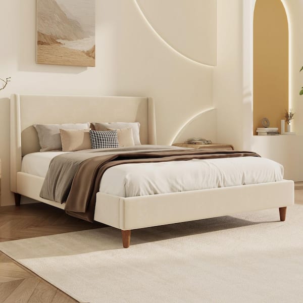 Beige Wood Frame King Size Platform Bed with Wingback Headboard and Walnut Wooden Legs