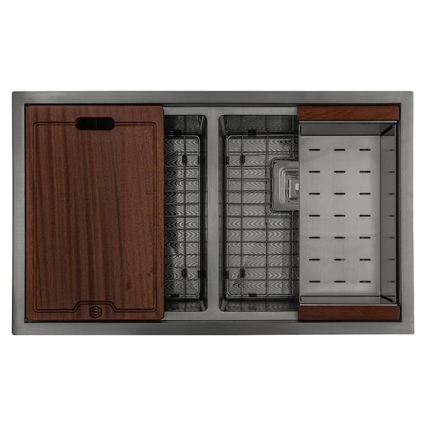 S STRICTLY KITCHEN + BATH 32 in. Undermount Double Bowl 16-Gauge Black Wave Textured Stainless Steel Workstation Kitchen Sink Accessories