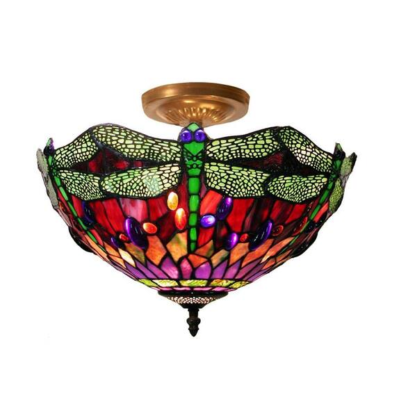 Warehouse of Tiffany 17 in. Dragonfly Brown/Multicolored Ceiling Lamp with Hardwired