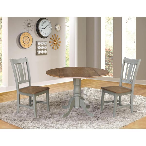 International Concepts Brynwood 3-Piece 42 in. Hickory/Stone Round Drop-Leaf Wood Dining Set with San Remo Chairs