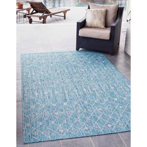 Aqua Blue/Gray Tribal Trellis Outdoor 4 ft. x 6 ft. Area Rug