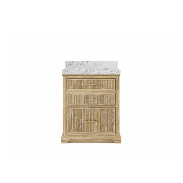 Willow Collections Alys Teak 30 in. W x 22 in. D x 36 in. H Single Sink Bath Vanity in Whitewashed with 2 in. Viola Gold qt. Top