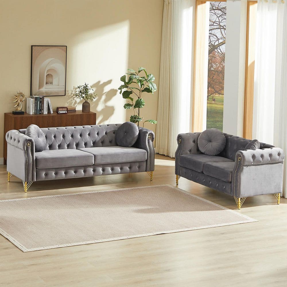Lornell French 82 in. 2-Piece Velvet Button Tufted Upholstered Rectangle Sectional Sofa Set in Grey with Pillows