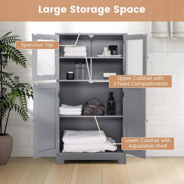 Costway Grey Bathroom Floor Storage Cabinet Kitchen Cupboard with Doors and Adjustable Shelf QD 67318GR The Home Depot