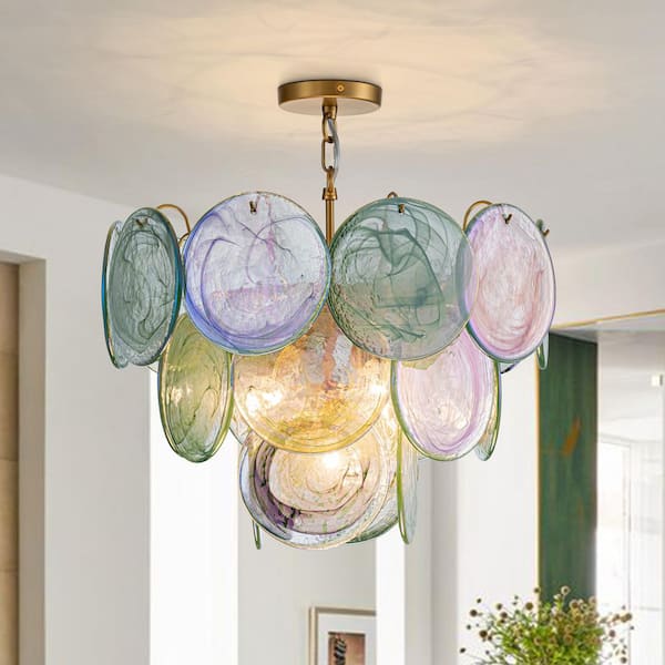 Vinto 5-Light 20.9 in. W Brushed Gold and Green Tiered Vintage Chandelier with Colorful Glass Discs for Living Room